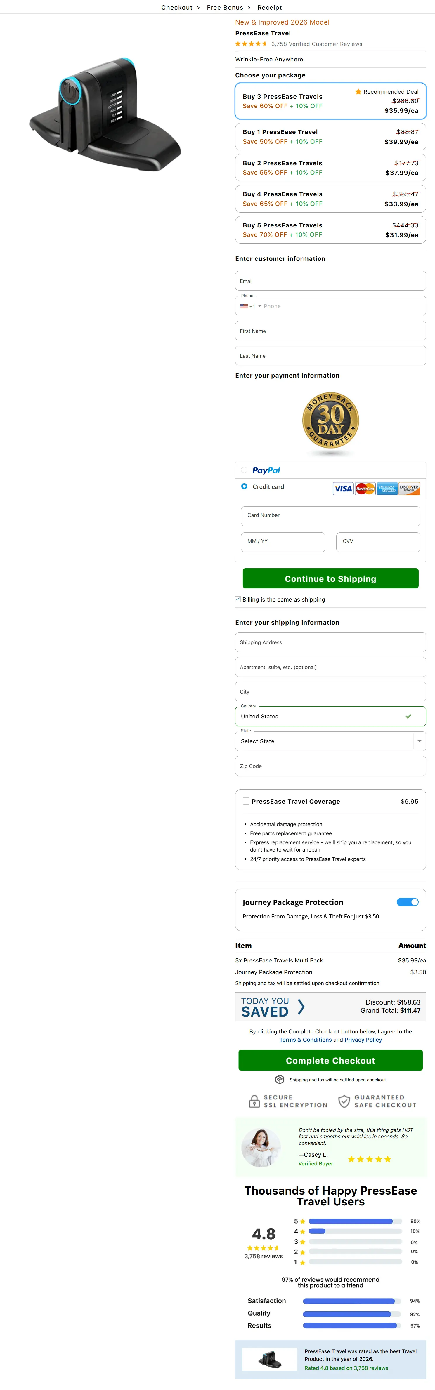 PressEase Travel secure checkout page